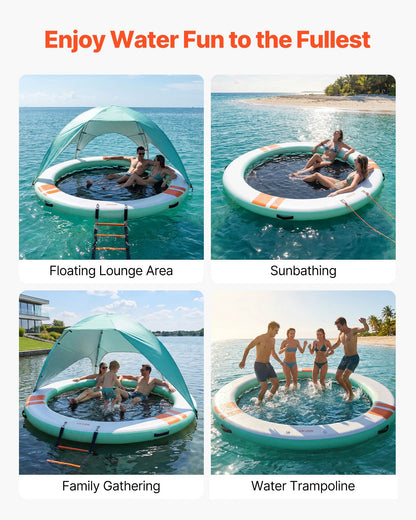 Inflatable Floating Dock, 2.44 M Round Inflatable Dock Platform, Non-Slip Water Floating Mat with Portable Carrying Bag & Detachable Ladder, Platform Island Raft for Pool Beach Ocean