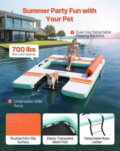 Inflatable Floating Dock, 2.44 x 1.83 M Inflatable Dock Platform, Non-Slip Water Air Mat with Portable Carrying Bag & Detachable Ladder, Floating Water Platform Island Raft for Pool Beach Ocean