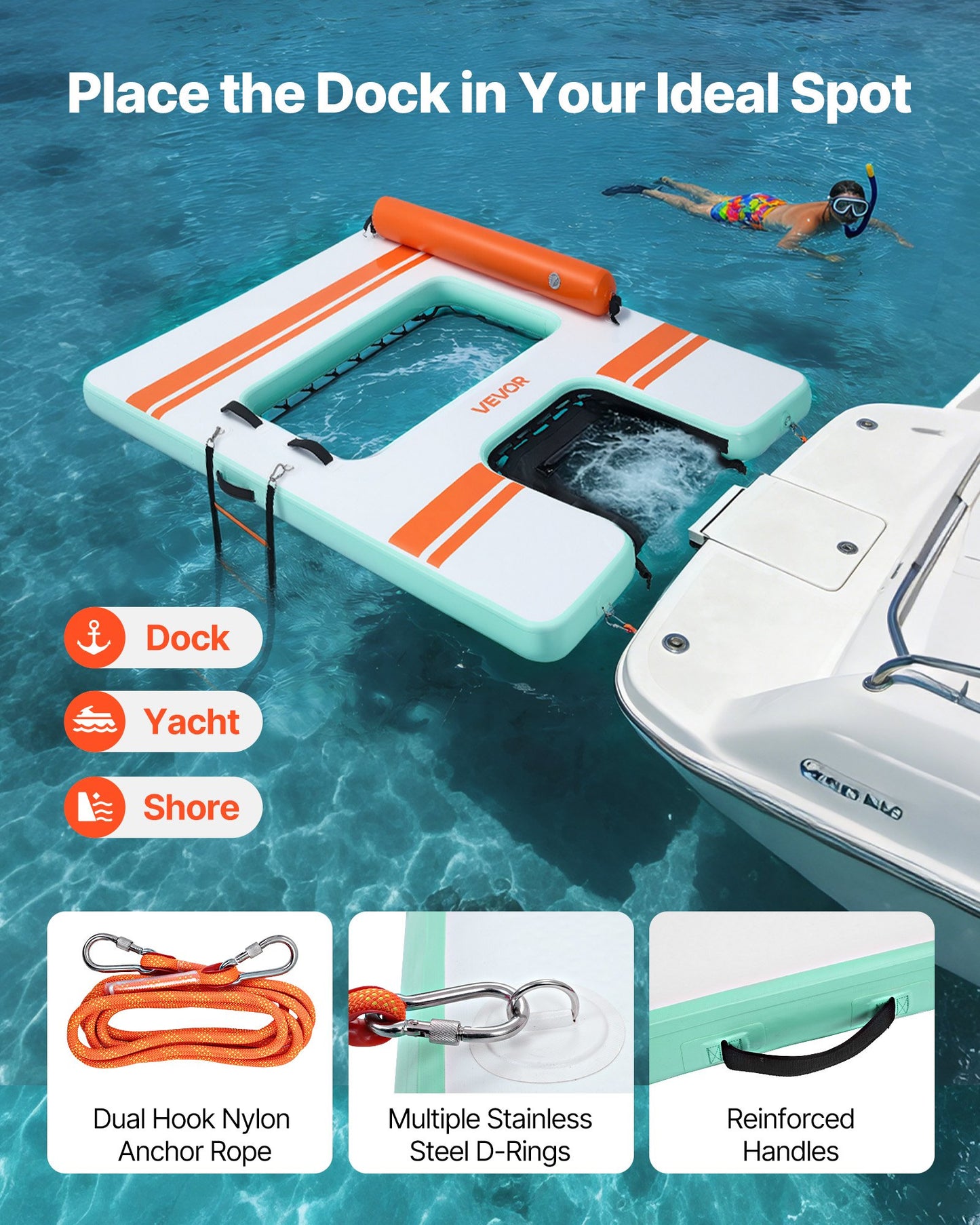 Inflatable Floating Dock, 2.44 x 1.83 M Inflatable Dock Platform, Non-Slip Water Air Mat with Portable Carrying Bag & Detachable Ladder, Floating Water Platform Island Raft for Pool Beach Ocean