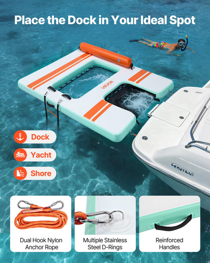 Inflatable Floating Dock, 2.44 x 1.83 M Inflatable Dock Platform, Non-Slip Water Air Mat with Portable Carrying Bag & Detachable Ladder, Floating Water Platform Island Raft for Pool Beach Ocean