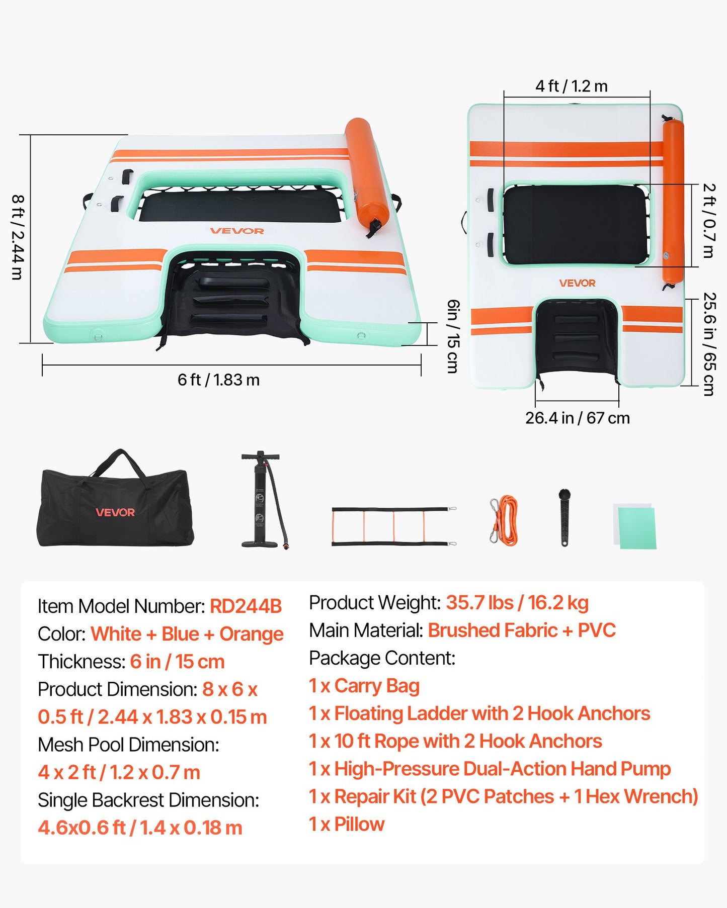 Inflatable Floating Dock, 2.44 x 1.83 M Inflatable Dock Platform, Non-Slip Water Air Mat with Portable Carrying Bag & Detachable Ladder, Floating Water Platform Island Raft for Pool Beach Ocean