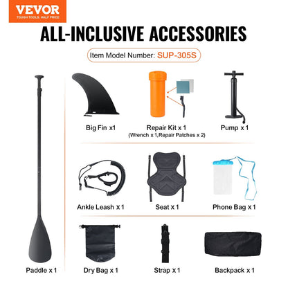 Inflatable SUP Paddleboard with Kayak Seat, Accessories, and Backpack