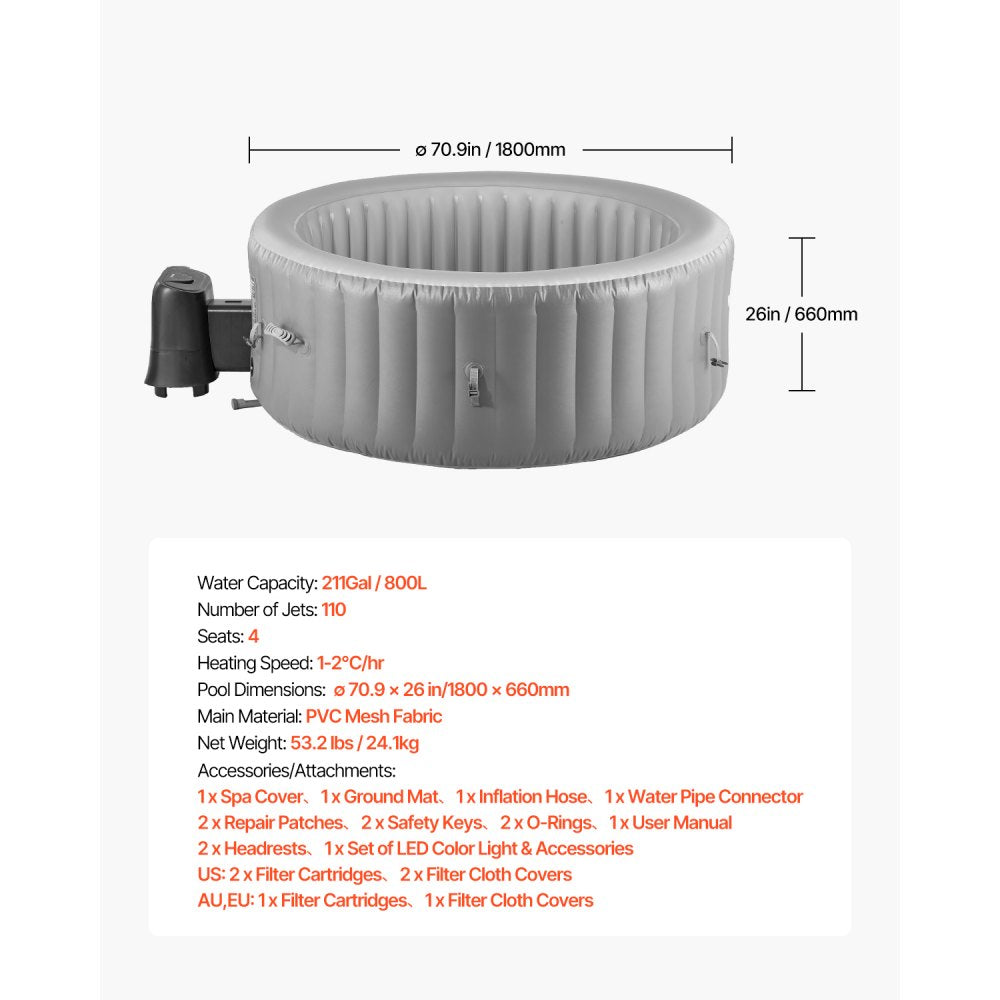 VEVOR Inflatable Hot Tub 2 to 4 Person 1800 x 660 mm Round Portable Outdoor Spa