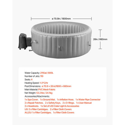 VEVOR Inflatable Hot Tub 2 to 4 Person 1800 x 660 mm Round Portable Outdoor Spa