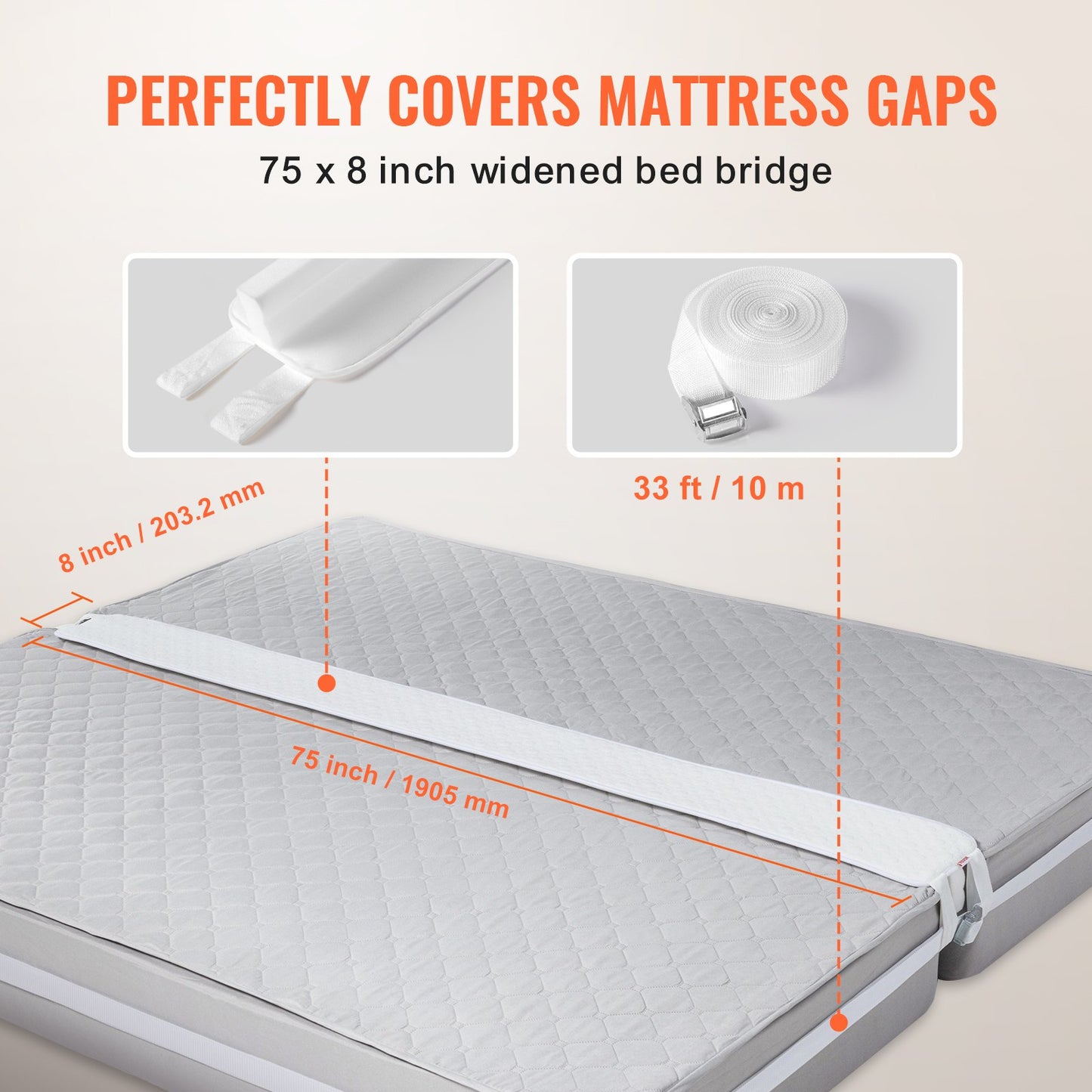 VEVOR Bed Bridge King Bed Converter Kit Metal Buckle & Storage Bag(75"L x 8"W)