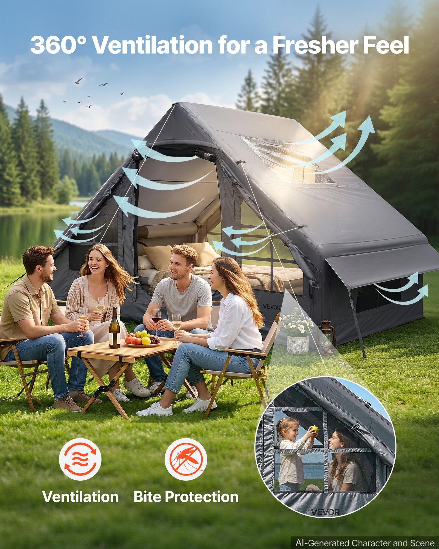 Inflatable Tent for Camping 2-4 Person Blow Up Tent with Pump Gray, for Family Outdoor Glamping, Waterproof 420D Oxford, Easy Setup Air House with Skylight, Stove Jack, Mesh Windows & Carry Bag