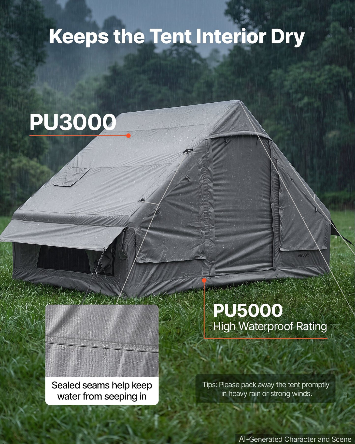 Inflatable Tent for Camping 2-4 Person Blow Up Tent with Pump Gray, for Family Outdoor Glamping, Waterproof 420D Oxford, Easy Setup Air House with Skylight, Stove Jack, Mesh Windows & Carry Bag