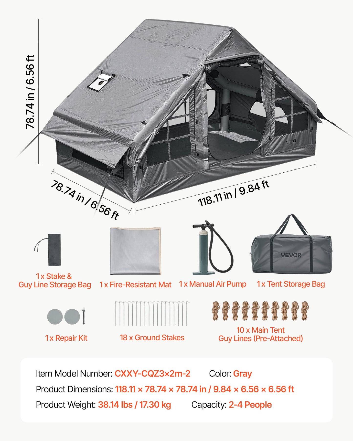 Inflatable Tent for Camping 2-4 Person Blow Up Tent with Pump Gray, for Family Outdoor Glamping, Waterproof 420D Oxford, Easy Setup Air House with Skylight, Stove Jack, Mesh Windows & Carry Bag