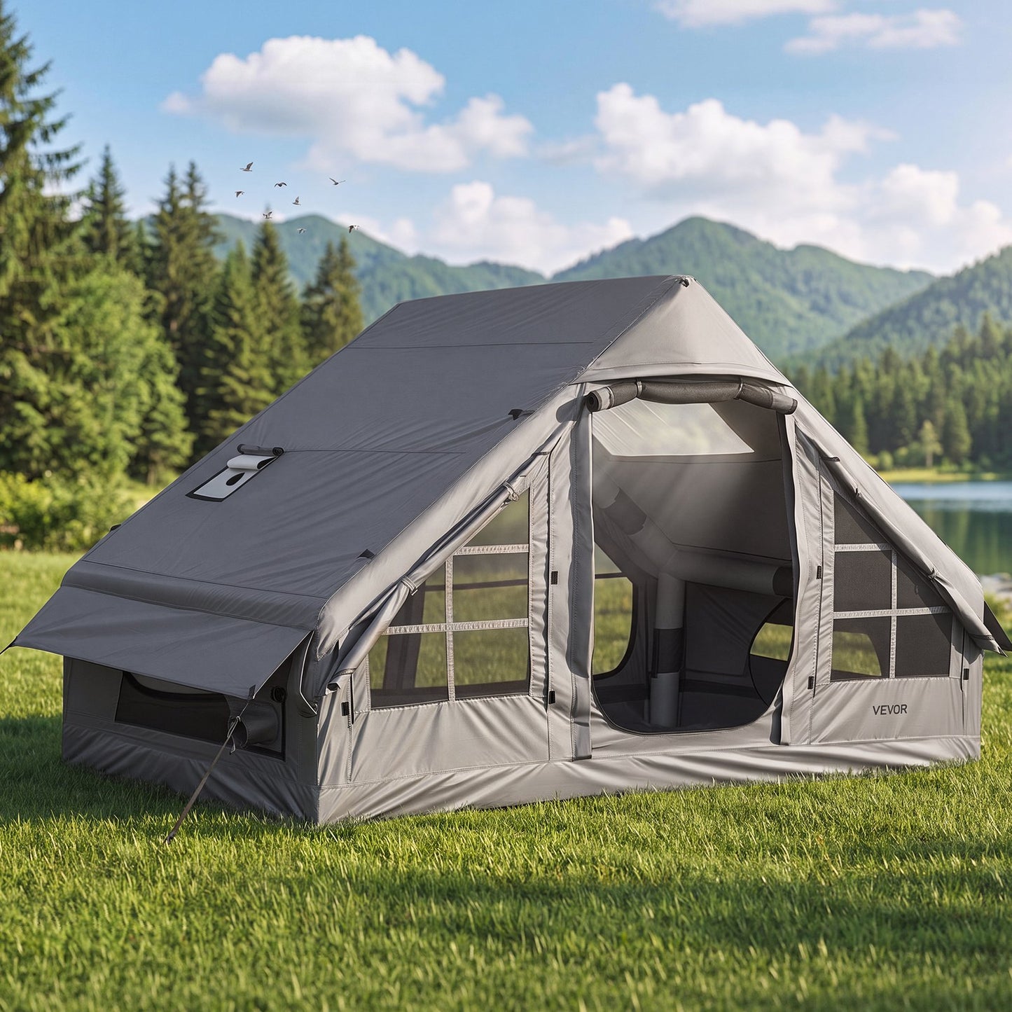 Inflatable Tent for Camping 2-4 Person Blow Up Tent with Pump Gray, for Family Outdoor Glamping, Waterproof 420D Oxford, Easy Setup Air House with Skylight, Stove Jack, Mesh Windows & Carry Bag