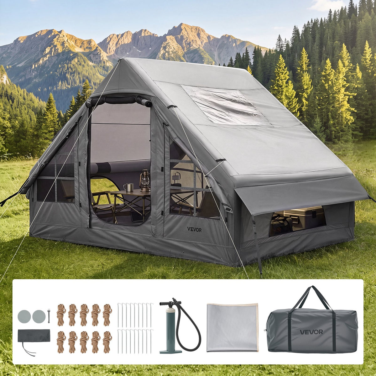 Inflatable Tent for Camping 2-4 Person Blow Up Tent with Pump Gray, for Family Outdoor Glamping, Waterproof 420D Oxford, Easy Setup Air House with Skylight, Stove Jack, Mesh Windows & Carry Bag