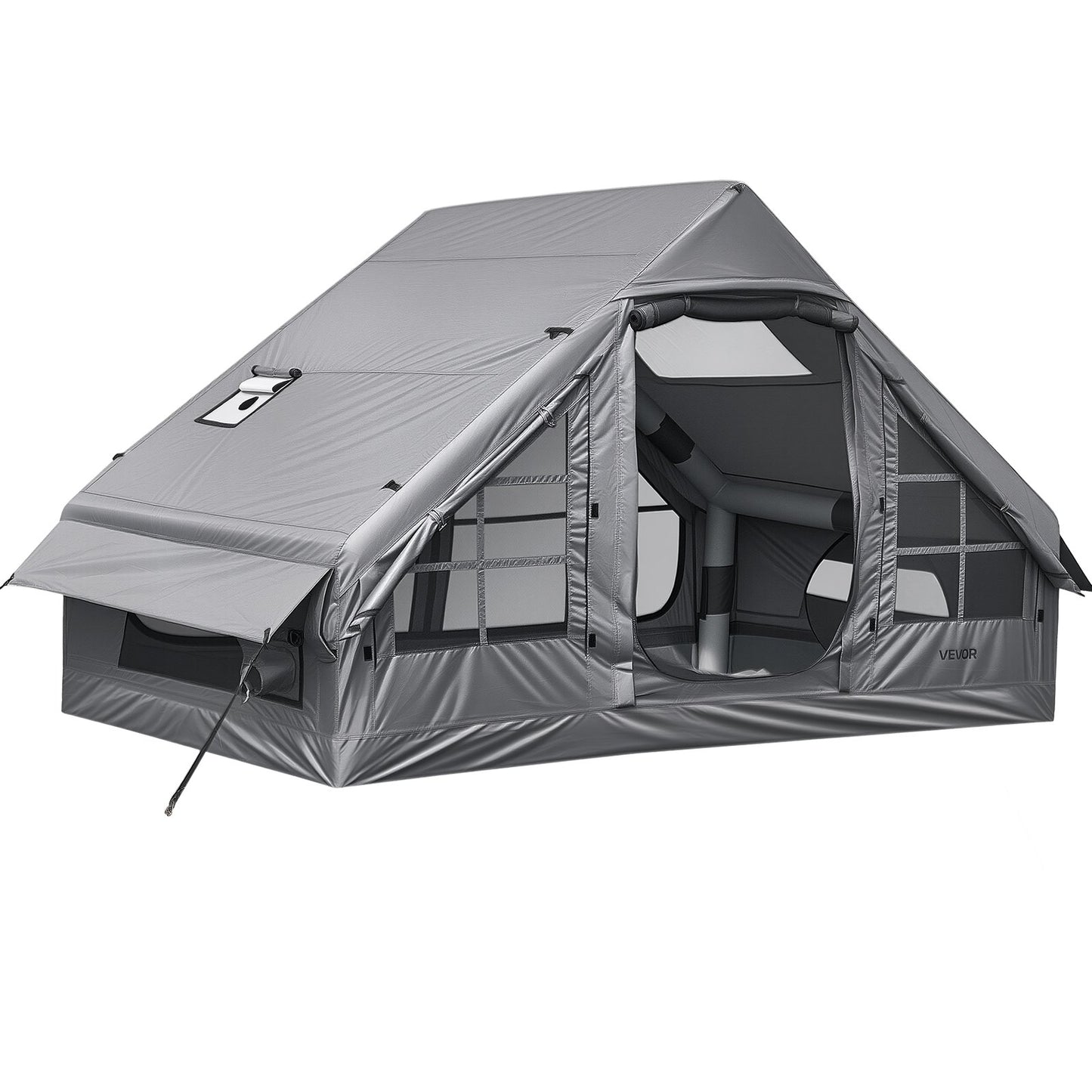 Inflatable Tent for Camping 2-4 Person Blow Up Tent with Pump Gray, for Family Outdoor Glamping, Waterproof 420D Oxford, Easy Setup Air House with Skylight, Stove Jack, Mesh Windows & Carry Bag