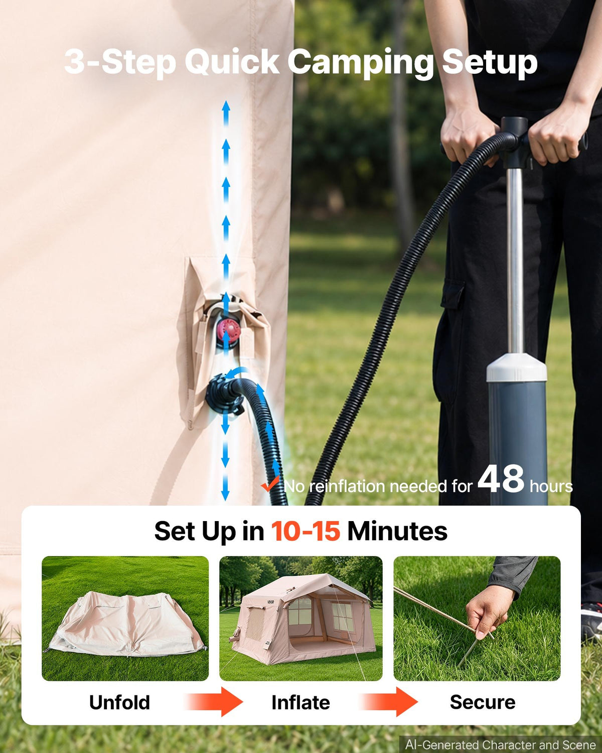 Inflatable Tent for Camping 2-4 Person Blow Up Tent with Pump Beige, for Family Outdoor Glamping, Waterproof 420D Oxford, Easy Setup Air House with Skylight, Stove Jack, Mesh Windows & Carry Bag