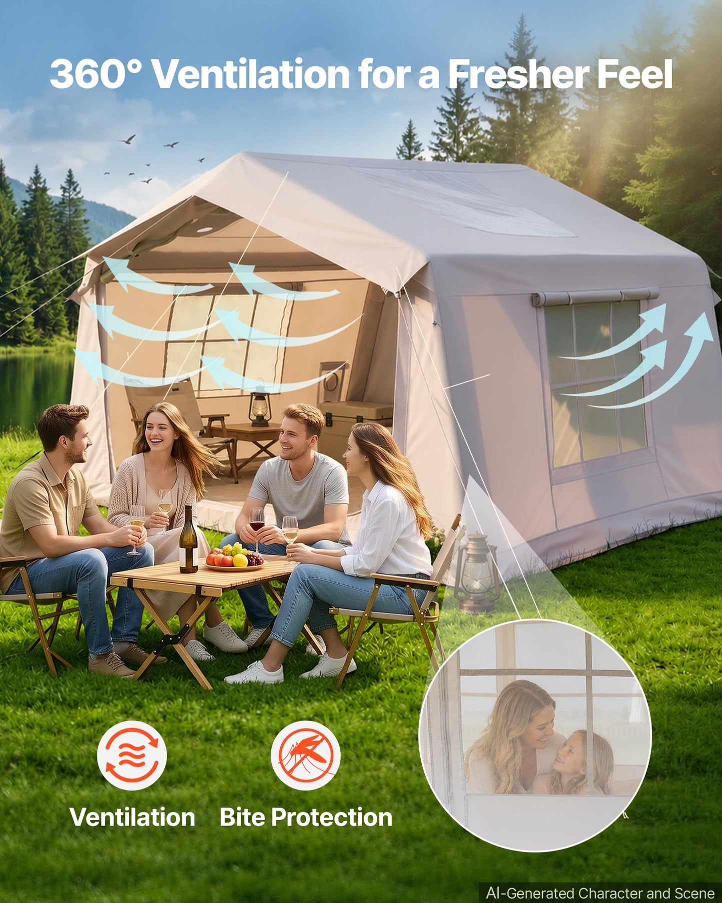 Inflatable Tent for Camping 2-4 Person Blow Up Tent with Pump Beige, for Family Outdoor Glamping, Waterproof 420D Oxford, Easy Setup Air House with Skylight, Stove Jack, Mesh Windows & Carry Bag