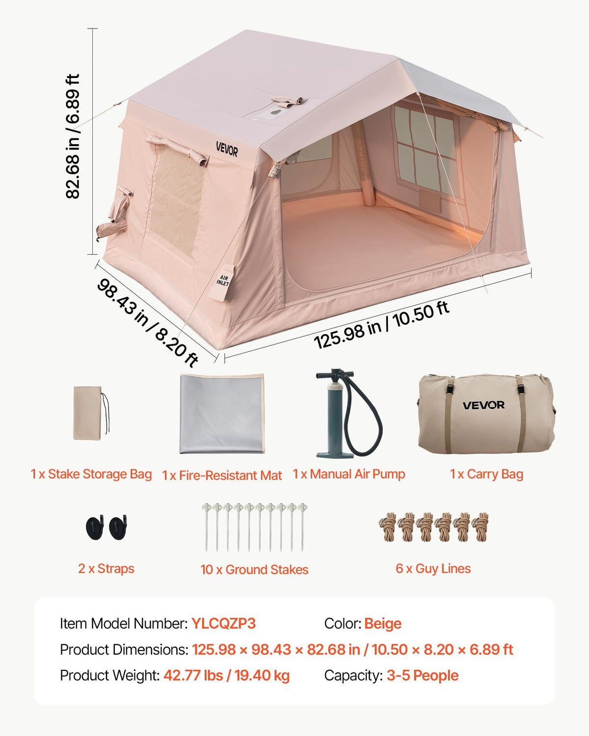 Inflatable Tent for Camping 2-4 Person Blow Up Tent with Pump Beige, for Family Outdoor Glamping, Waterproof 420D Oxford, Easy Setup Air House with Skylight, Stove Jack, Mesh Windows & Carry Bag