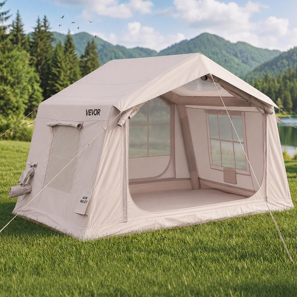 Inflatable Tent for Camping 2-4 Person Blow Up Tent with Pump Beige, for Family Outdoor Glamping, Waterproof 420D Oxford, Easy Setup Air House with Skylight, Stove Jack, Mesh Windows & Carry Bag