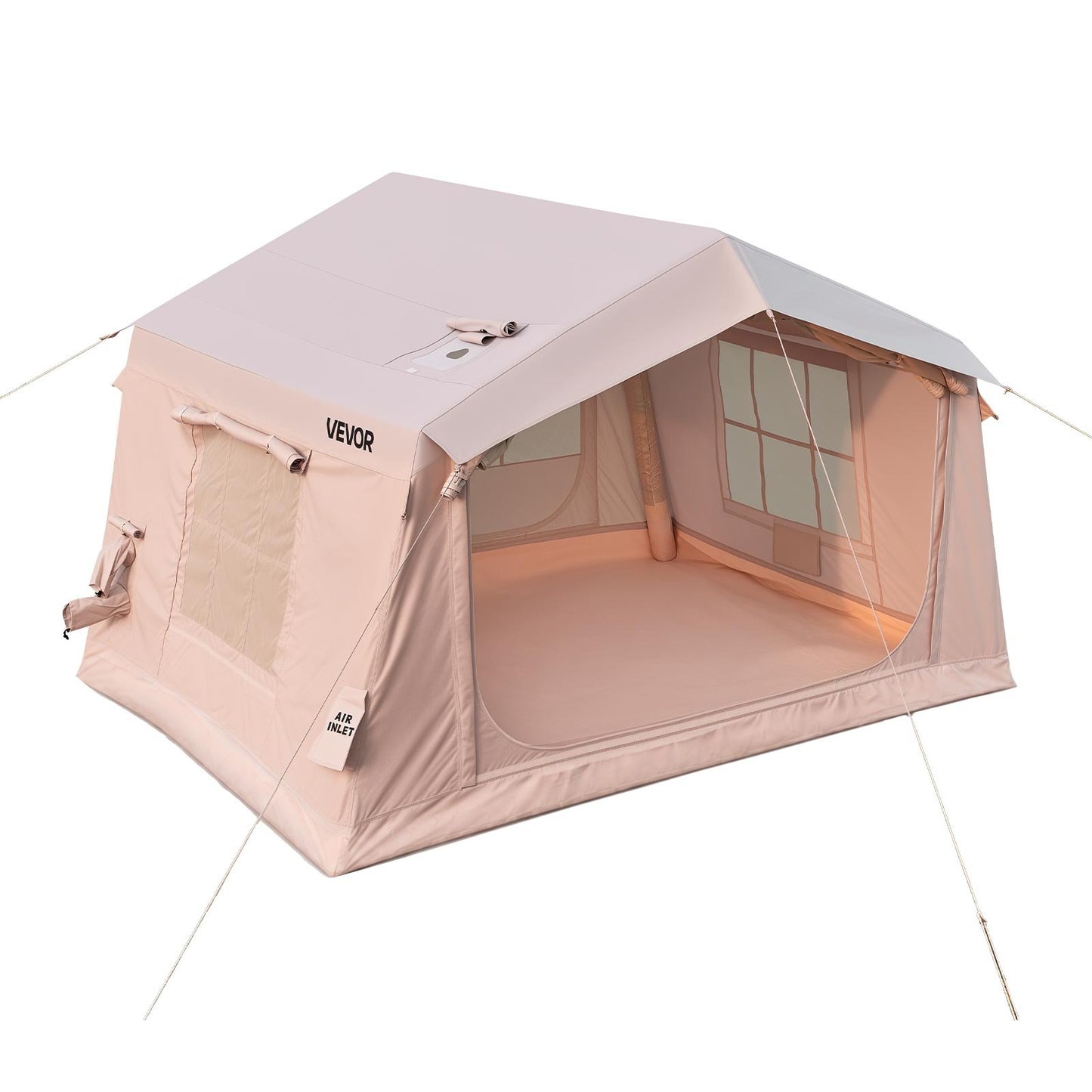 Inflatable Tent for Camping 2-4 Person Blow Up Tent with Pump Beige, for Family Outdoor Glamping, Waterproof 420D Oxford, Easy Setup Air House with Skylight, Stove Jack, Mesh Windows & Carry Bag