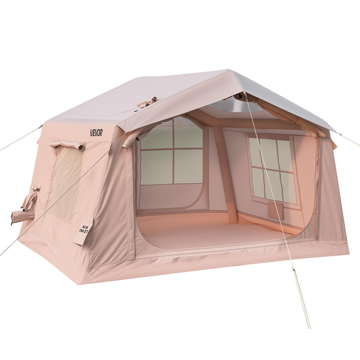 Inflatable Tent for Camping 2-4 Person Blow Up Tent with Pump Beige, for Family Outdoor Glamping, Waterproof 420D Oxford, Easy Setup Air House with Skylight, Stove Jack, Mesh Windows & Carry Bag