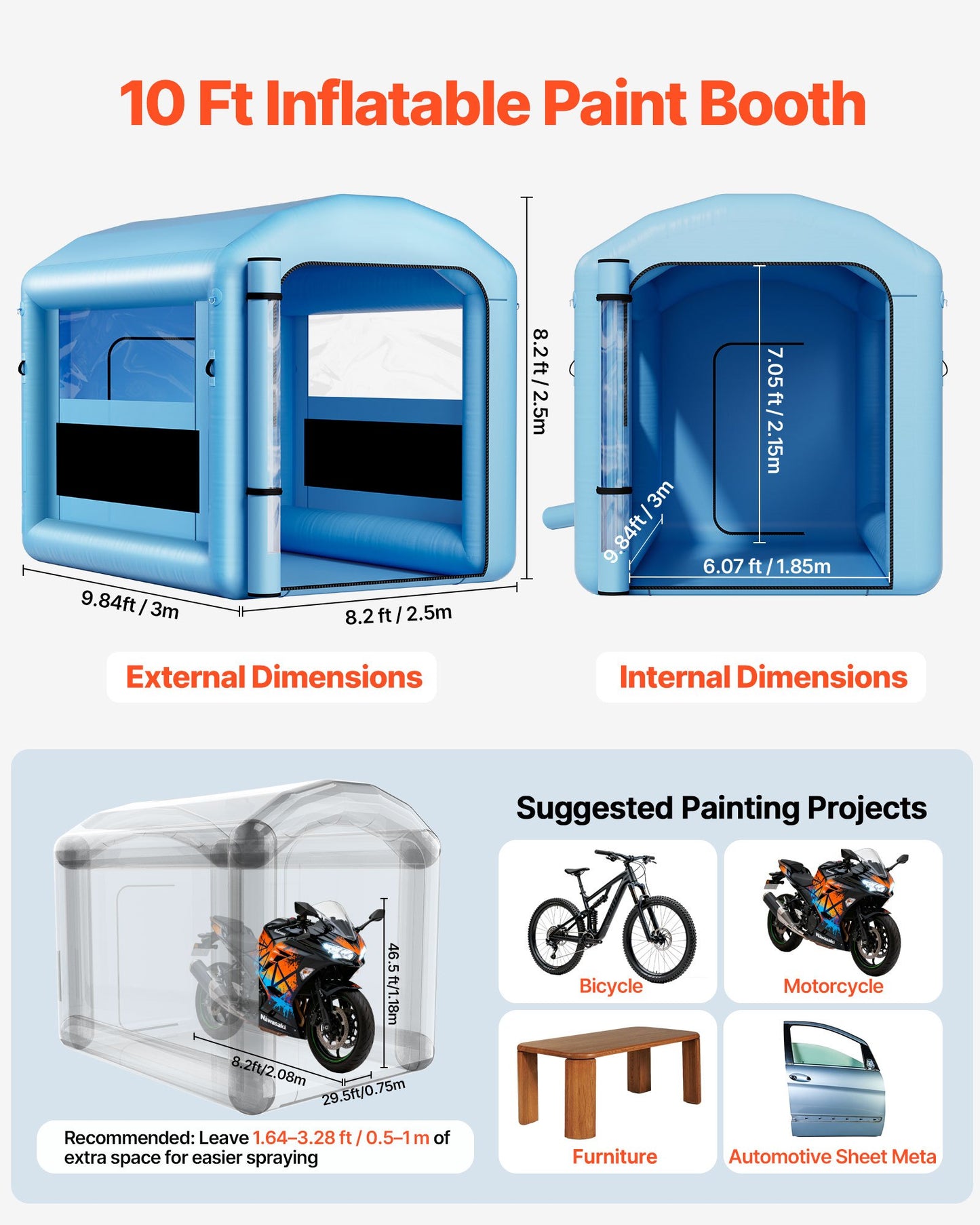 Inflatable Paint Booth, 3 x 2.5 x 2.5 m, Inflatable Spray Booth with 550W Powerful Blower and Air Filter System, Round Roof with Light Hook, for Painting Bicycle, Motorcycle, and Furniture