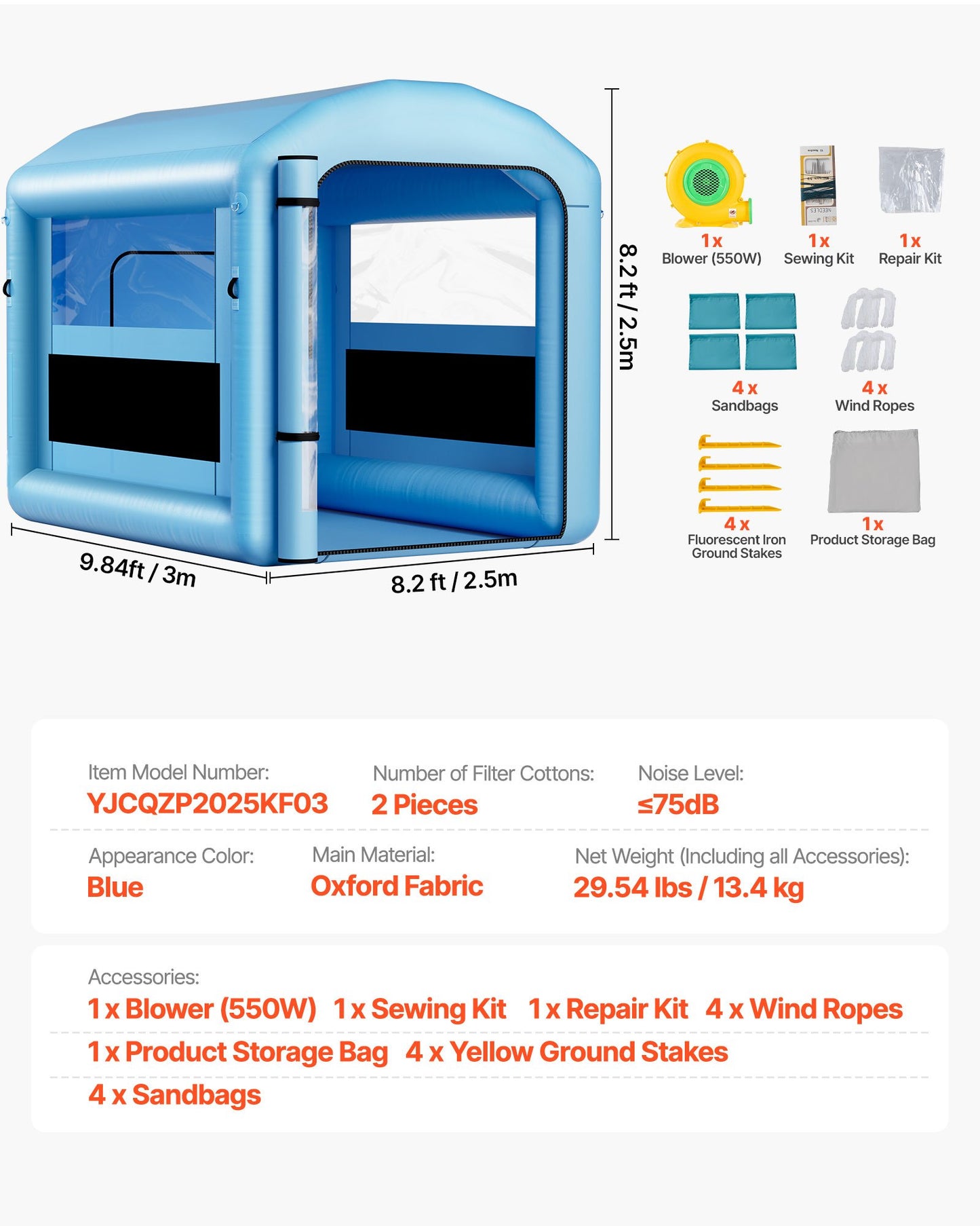 Inflatable Paint Booth, 3 x 2.5 x 2.5 m, Inflatable Spray Booth with 550W Powerful Blower and Air Filter System, Round Roof with Light Hook, for Painting Bicycle, Motorcycle, and Furniture
