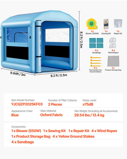 Inflatable Paint Booth, 3 x 2.5 x 2.5 m, Inflatable Spray Booth with 550W Powerful Blower and Air Filter System, Round Roof with Light Hook, for Painting Bicycle, Motorcycle, and Furniture