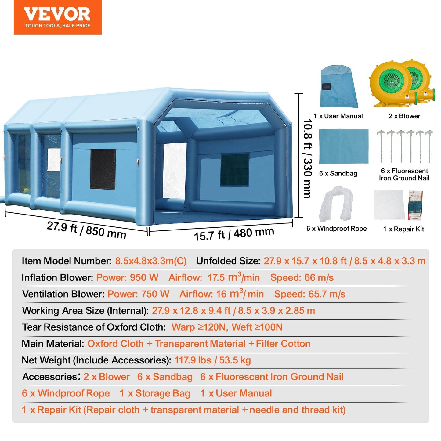 Large Inflatable Paint Booth with Dual Fans, Durable & Portable, 8.5 x 4.8 x 3.3m