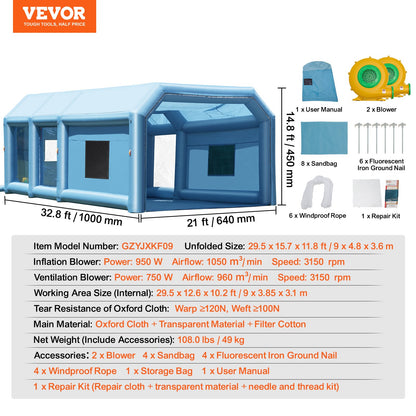 VEVOR Inflatable Paint Booth 32.8x21x14.8ft Inflatable Spray Booth 1100W+750W