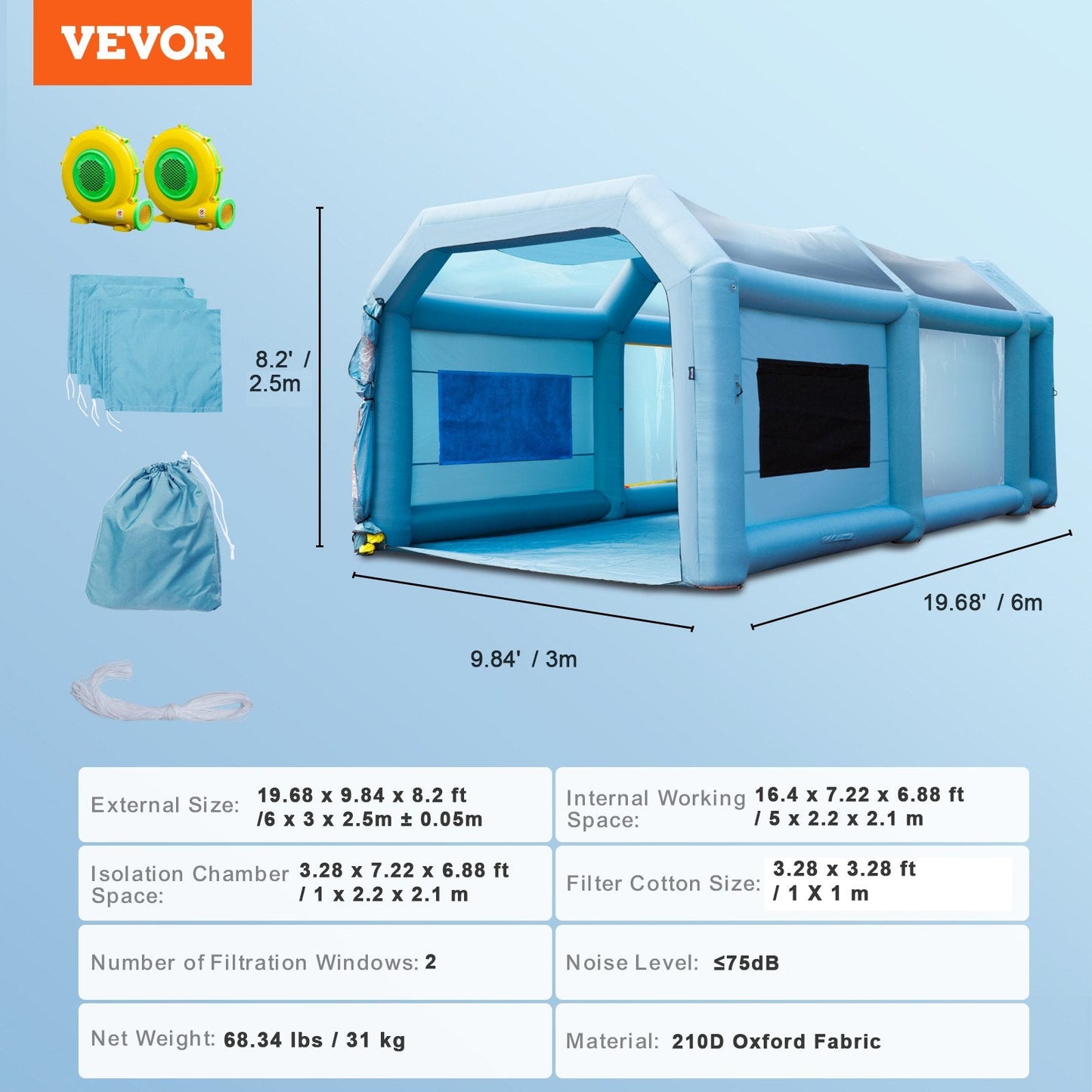Inflatable Car Paint Spray Booth Tent with Filter System & Dual Blowers, 6x3x2.5m