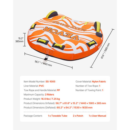 VEVOR Towable Tube for Boating 1-2 Riders Inflatable Boat Tubes and Towables