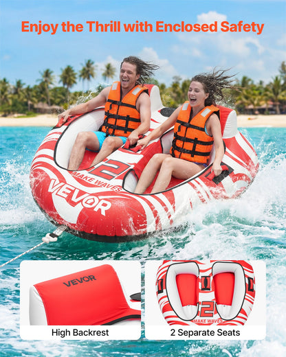 Towable Tubes for Boating, 2-Rider Inflatable Boat Tubes and Towables, 154 kg Capacity Water Sport Tubes for Boat to Pull - with 2 Cockpits, Full Nylon Cover, Padded Grab Handles & Safety Valve