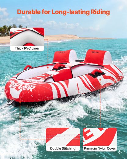 Towable Tubes for Boating, 2-Rider Inflatable Boat Tubes and Towables, 154 kg Capacity Water Sport Tubes for Boat to Pull - with 2 Cockpits, Full Nylon Cover, Padded Grab Handles & Safety Valve
