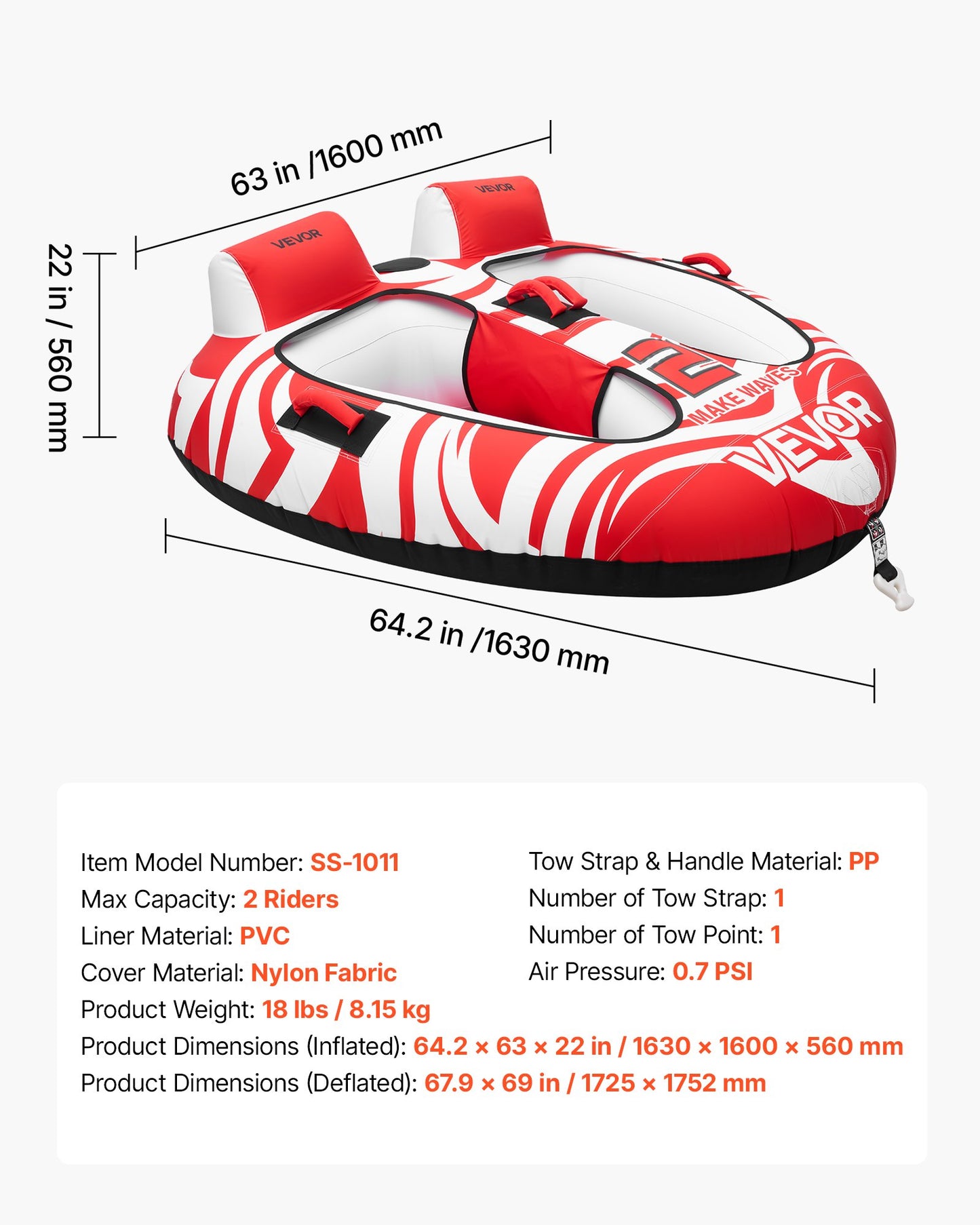 Towable Tubes for Boating, 2-Rider Inflatable Boat Tubes and Towables, 154 kg Capacity Water Sport Tubes for Boat to Pull - with 2 Cockpits, Full Nylon Cover, Padded Grab Handles & Safety Valve