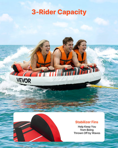 Towable Tube for Boating, 3 Riders Inflatable Boat Tubes and Towables, 231 kg Capacity Water Sport Towable Tube for Boat to Pull - with Fins, Full Nylon Cover, Padded Handles & Safety Valve