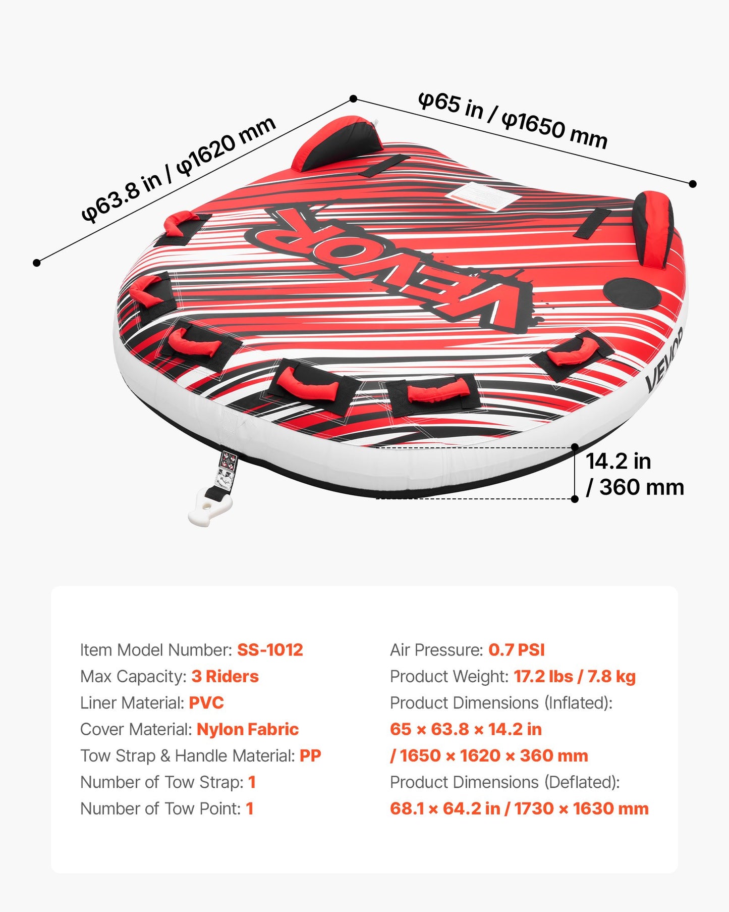 Towable Tube for Boating, 3 Riders Inflatable Boat Tubes and Towables, 231 kg Capacity Water Sport Towable Tube for Boat to Pull - with Fins, Full Nylon Cover, Padded Handles & Safety Valve