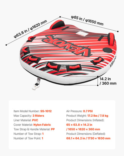 Towable Tube for Boating, 3 Riders Inflatable Boat Tubes and Towables, 231 kg Capacity Water Sport Towable Tube for Boat to Pull - with Fins, Full Nylon Cover, Padded Handles & Safety Valve