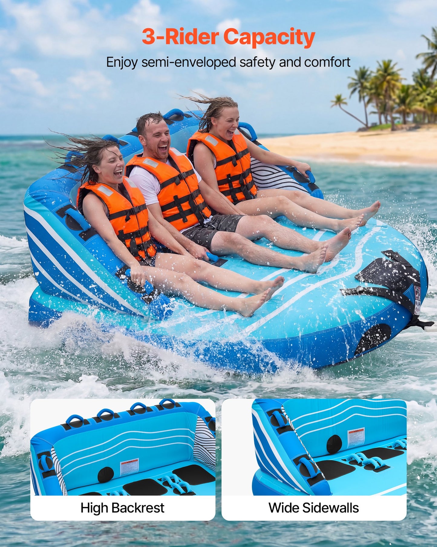 Towable Tubes for Boating, 3-Rider Inflatable Towable Tube for Boat to Pull, 231 kg Capacity Water Sports Boating Tubes - with Full Nylon Cover, Dual Tow Points, Safety Valve & Padded Handles