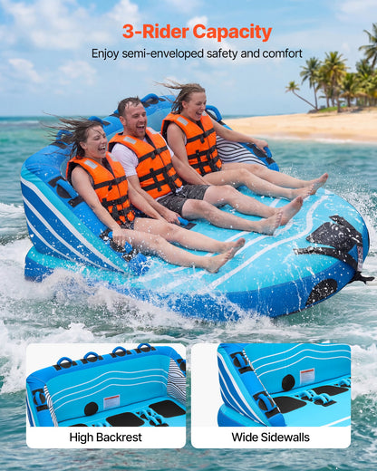 Towable Tubes for Boating, 3-Rider Inflatable Towable Tube for Boat to Pull, 231 kg Capacity Water Sports Boating Tubes - with Full Nylon Cover, Dual Tow Points, Safety Valve & Padded Handles