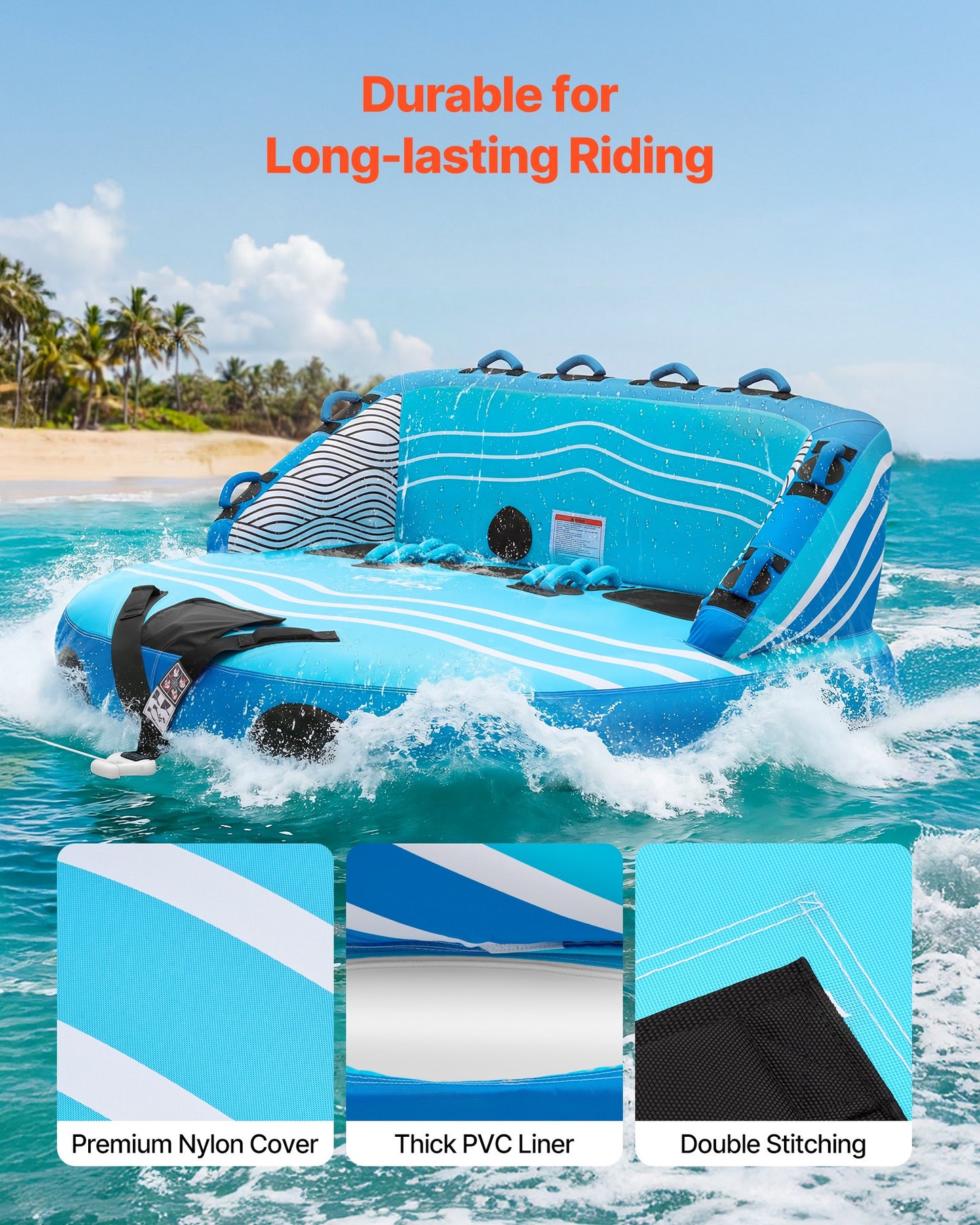 Towable Tubes for Boating, 3-Rider Inflatable Towable Tube for Boat to Pull, 231 kg Capacity Water Sports Boating Tubes - with Full Nylon Cover, Dual Tow Points, Safety Valve & Padded Handles