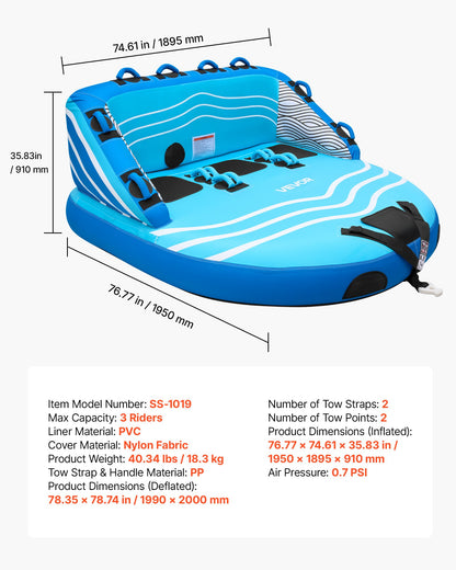 Towable Tubes for Boating, 3-Rider Inflatable Towable Tube for Boat to Pull, 231 kg Capacity Water Sports Boating Tubes - with Full Nylon Cover, Dual Tow Points, Safety Valve & Padded Handles