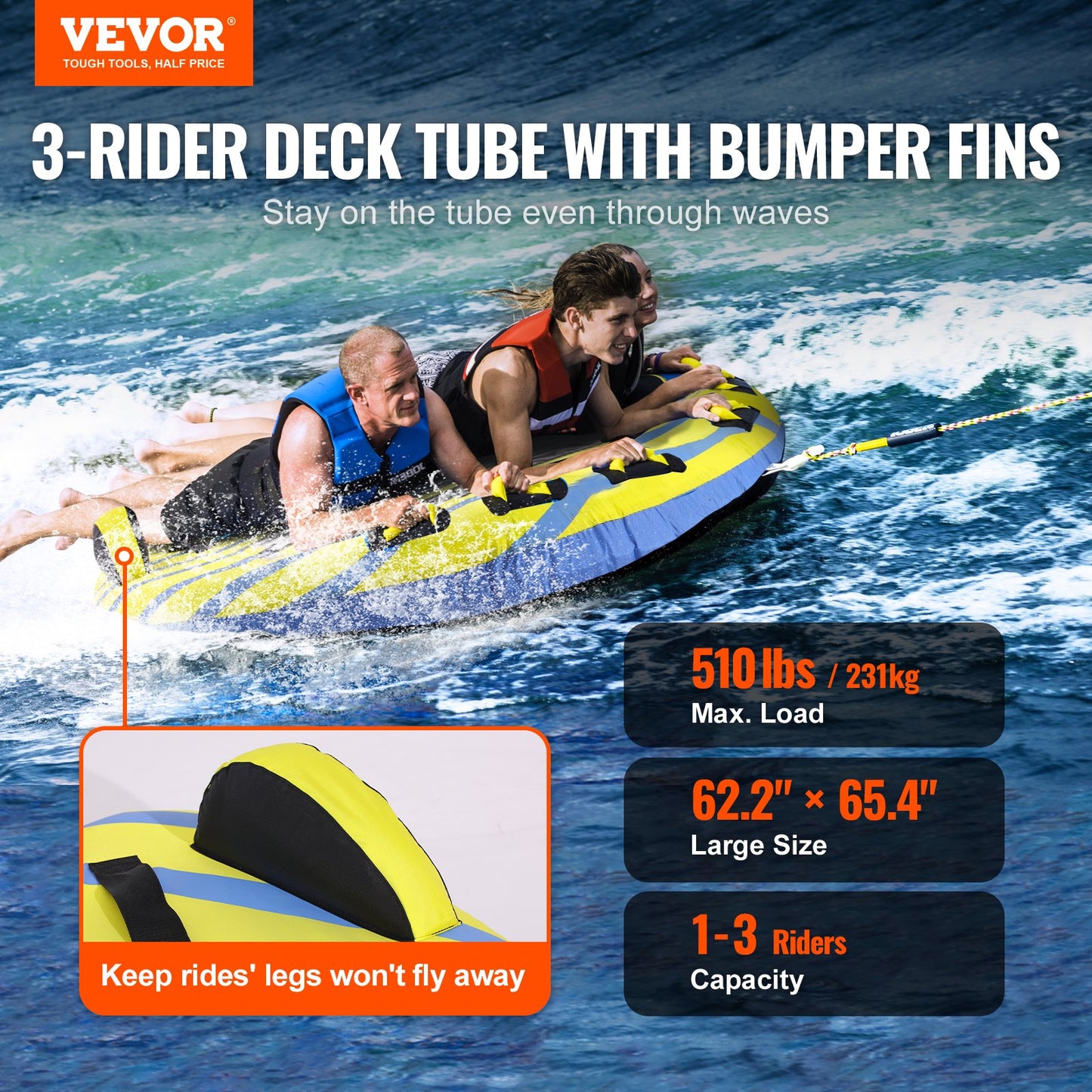 VEVOR Towable Tube for Boating, 1-3 Riders Inflatable Towable Tube with Bumper Fins,