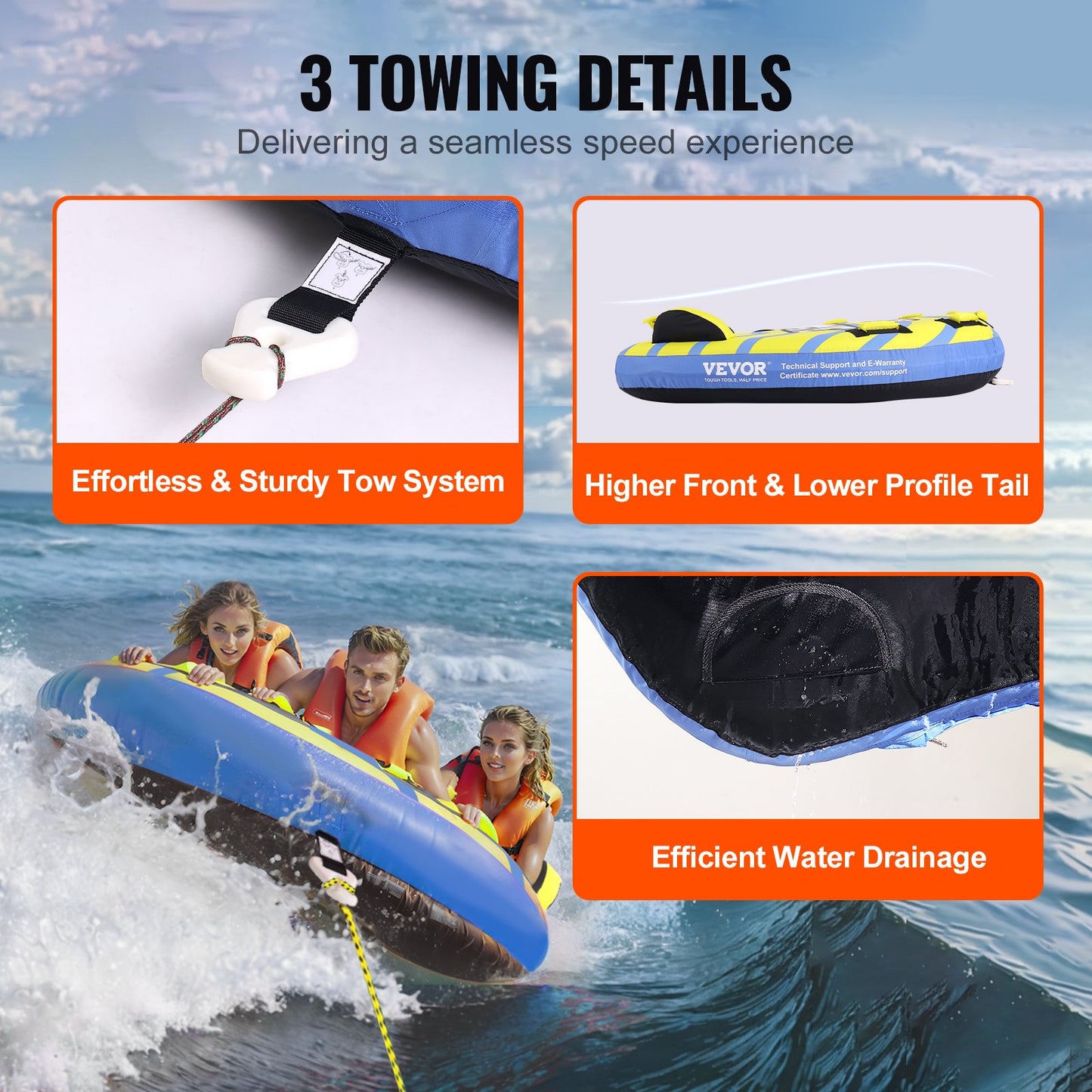 VEVOR Towable Tube for Boating, 1-3 Riders Inflatable Towable Tube with Bumper Fins,