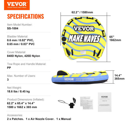 3-Person Inflatable Towable Tube with Bumper Fins for Boating, 231 kg Capacity