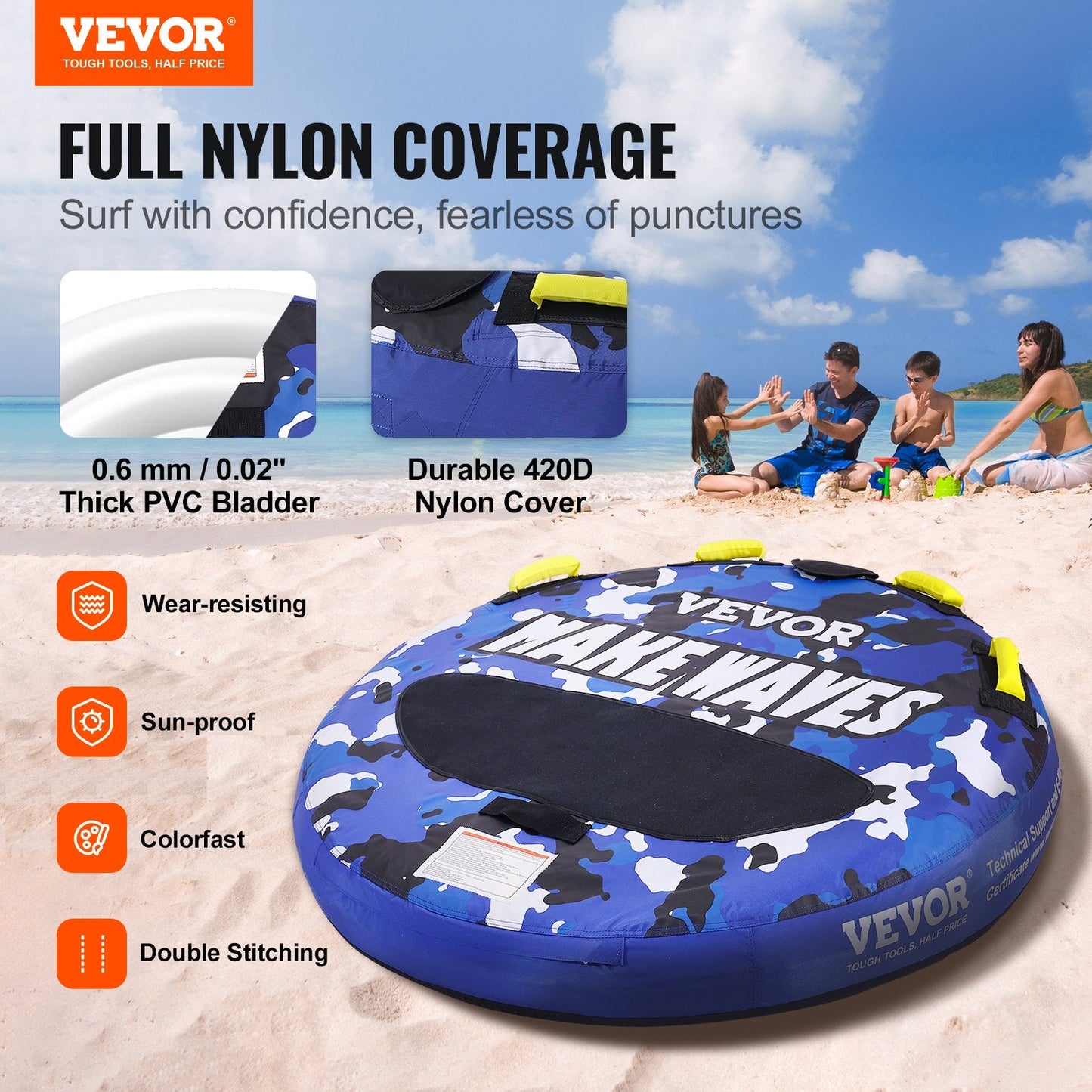 Towable Inflatable Tube for 1-2 Riders, 1.3m Diameter, 154 kg Capacity