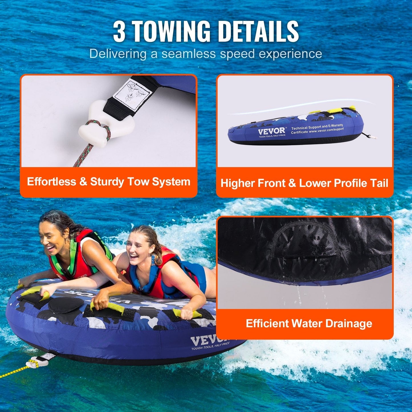 Towable Inflatable Tube for 1-2 Riders, 1.3m Diameter, 154 kg Capacity