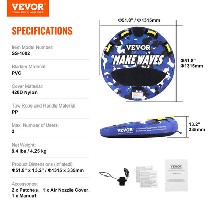 VEVOR Towable Tube for Boating, 1-2 Riders Inflatable Boat Tubes and Towables, 340