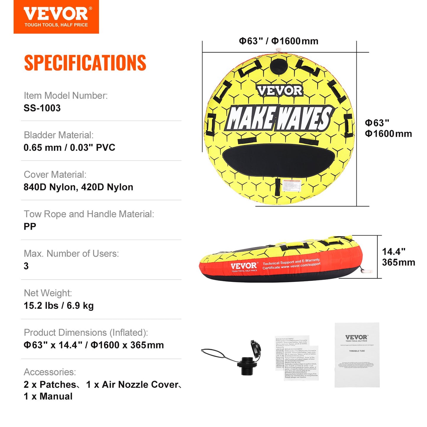 VEVOR Towable Tube for Boating, 1-3 Riders Inflatable Boat Tubes and Towables, 510
