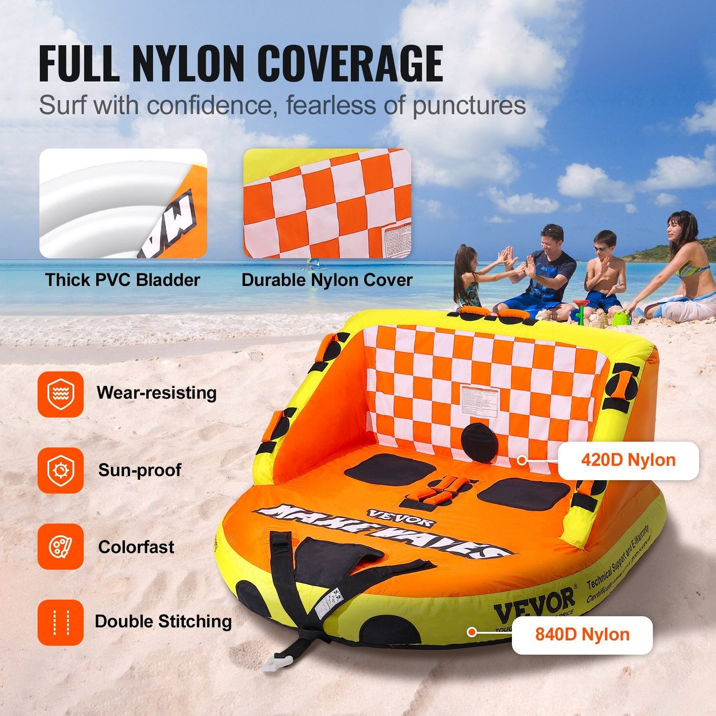 Inflatable Boat Towable Tube with Deck Seats for 2 Riders, 154 kg Capacity
