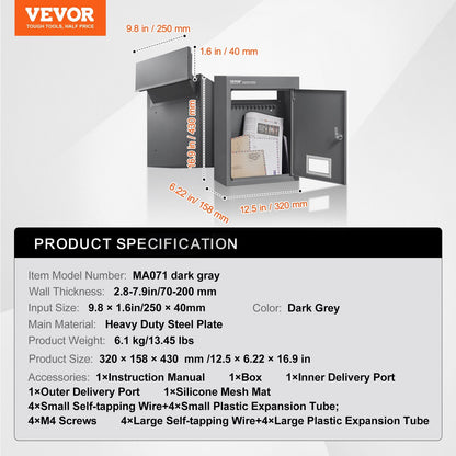 Heavy Duty Steel Mailbox with Combination Lock, Wall Mount, 0.32m Depth, Dark Gray