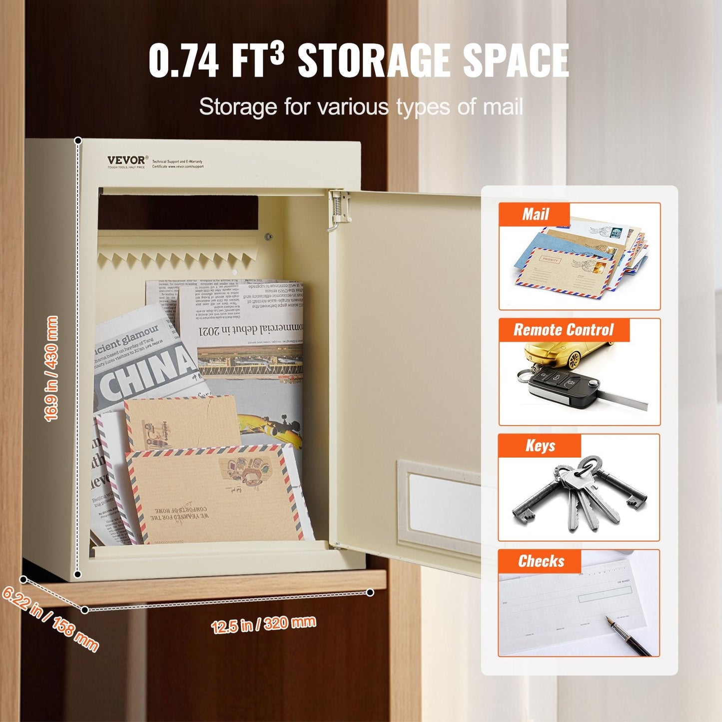 Wall-Mount Steel Mailbox with Combination Lock, Beige, 12.6x6.3x16.9 Inches