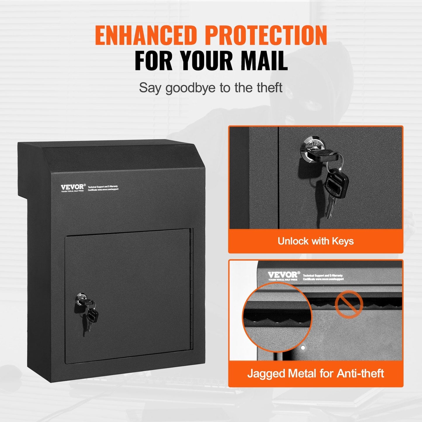 Heavy Duty Steel Mail Drop Box with Key Lock, Black, 0.3m Slot, 7.2 kg