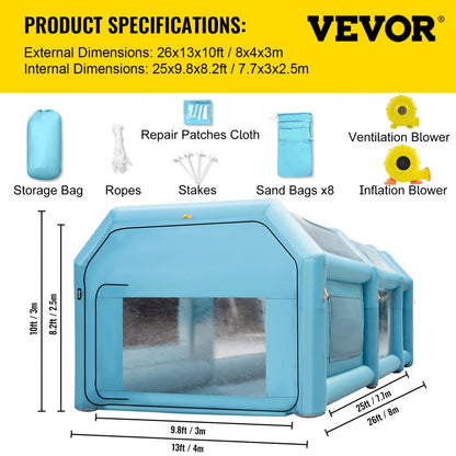 Portable Inflatable Paint Booth, 26x15x10ft Inflatable Spray Booth, Car Paint Tent w/ Air Filter System & 2 Blowers, Upgraded Blow Up Spray Booth Tent, Auto Paint Workstation, Car Parking Garage
